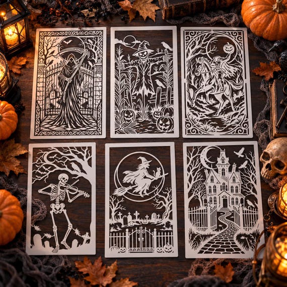 Gothic Halloween Stencil Set, Reusable Mylar Scarecrow, Witch, Reaper (6 Scenes)