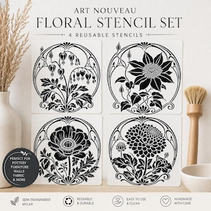 May include: A set of four square Art Nouveau floral stencils featuring black botanical illustrations of bleeding hearts, clematis, poppies, and dahlias within circular frames. The text reads ART NOUVEAU FLORAL STENCIL SET 4 REUSABLE STENCILS.