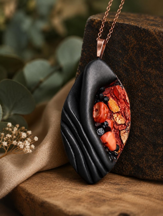 Black Polymer Clay Pendant, Handmade Statement Jewelry, Modern Artisan Necklace, Wearable Art