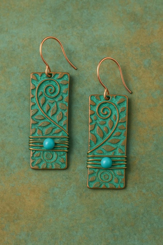 Turquoise Patina Copper Rectangle Earrings | Handmade Boho Chic Jewelry | Embossed Leaf Swirl | Artisan Gift for Her