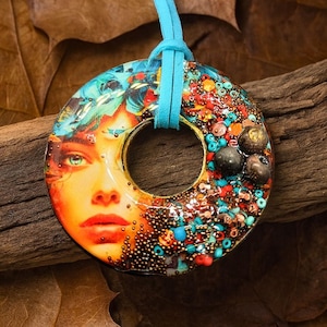 Polymer clay and mixed media pendant