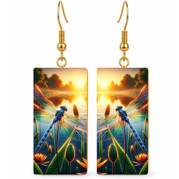 Dragonfly Sunset Earrings - Nature-Inspired Art Dangle Earrings - Romantic Lakeside Jewelry