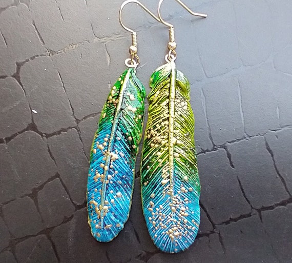 One-of-a-kind Summer of love polymer clay feathers earrings
