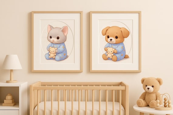 Baby Animal Nursery Wall Art – Cat, Mouse & Puppy in Pajamas