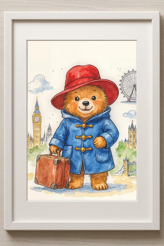 Paddington Bear London Art Print – Nursery Wall Decor, Children’s Room Illustration, British Storybook Bear with Suitcase
