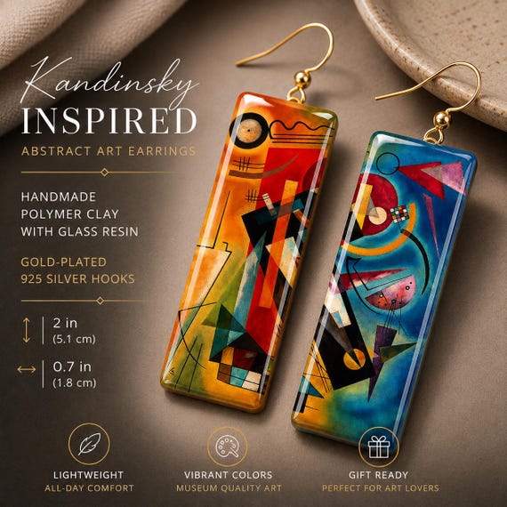 Kandinsky Inspired Abstract Art Earrings – Lightweight Polymer Clay, Gold-Plated 925 Hooks