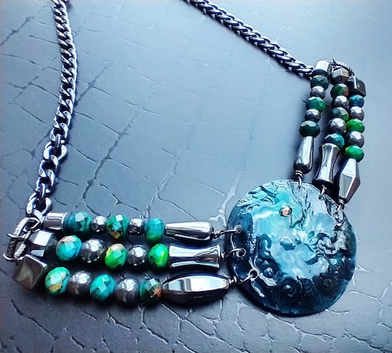 Chinese dragon teal polymer clay necklace
