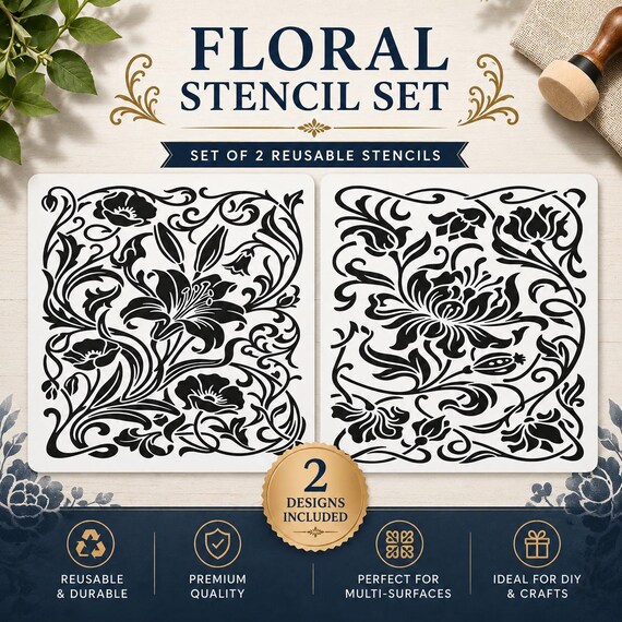 Art Nouveau Floral Stencil Set | Reusable Mylar Botanical Painting Template (2 Designs)