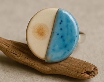 Handcrafted Ceramic Ring – Blue Glaze, Adjustable Silver Band