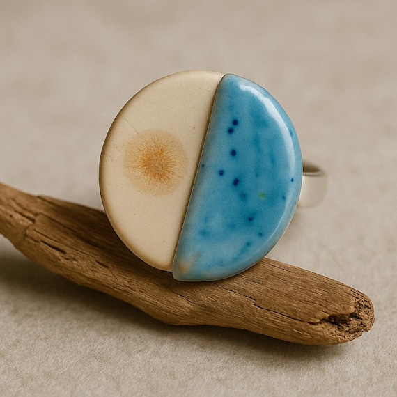 Handcrafted Ceramic Ring – Half & Half Glossy Blue Glaze | Artisan Statement Jewelry | Adjustable Silver Band | One-of-a-Kind