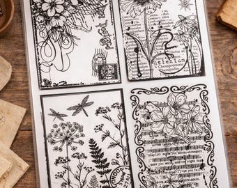 Vintage Botanical & Script Silicone Stamp