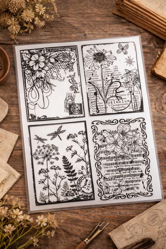 Vintage Botanical & Script Silicone Stamp