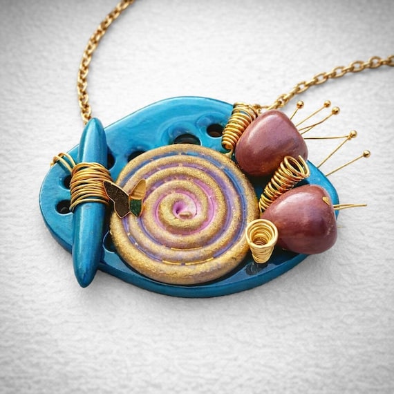 Handmade Polymer Clay Pendant Necklace – Turquoise, Gold Spiral, Butterfly