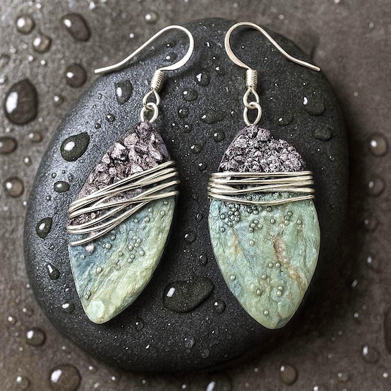 Raw Crystal & Wire Wrapped Leaf polymer Clay Earrings – Earthy Textured Handmade Dangle Jewelry