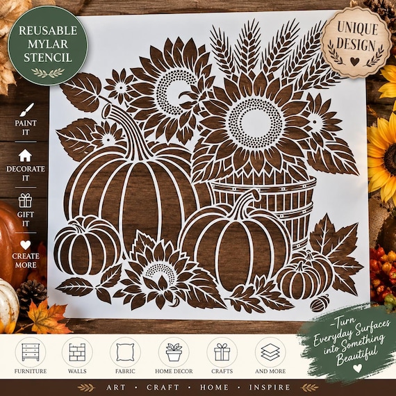 Fall Harvest Basket Stencil – Pumpkin & Floral Autumn Stencil – Reusable Mylar Stencil for Furniture, Signs, Walls and DIY Decor