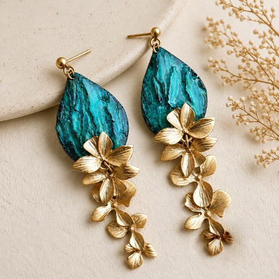Ocean Blue Floral Statement Earrings | Distressed Polymer Clay Orchid Dangles