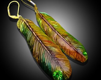 One-of-a-kind Summer of love polymer clay asymmetrical feathers earrings