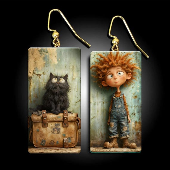 Whimsical Cat & Boy Earrings – Handmade Polymer Clay Art Jewelry | Original Image Transfer | Gold-Tone aGold-Plated Silver Hooks