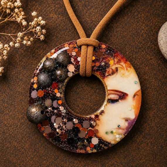 OOAK Handmade Mixed Media Resin Portrait Pendant – Abstract Donut Wearable Art Necklace