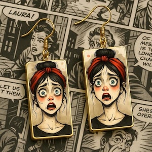 Handmade Statement Earrings – Bold Cartoon Art with Expressive Face – Lightweight Rectangle Drop Earrings