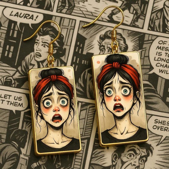 Handmade Statement Earrings – Bold Cartoon Art with Expressive Face – Lightweight Rectangle Drop Earrings