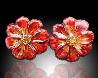 One-of-kind flaming flowers polymer clay studs