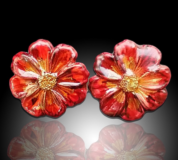One-of-kind flaming flowers polymer clay studs