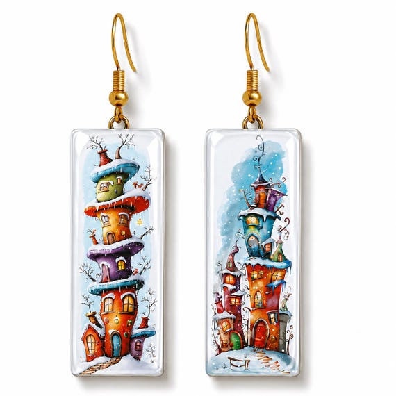 Whimsical Winter Village Earrings, Fantasy Cottage Jewelry, Lightweight Statement Earrings, Resin Upgrade Available