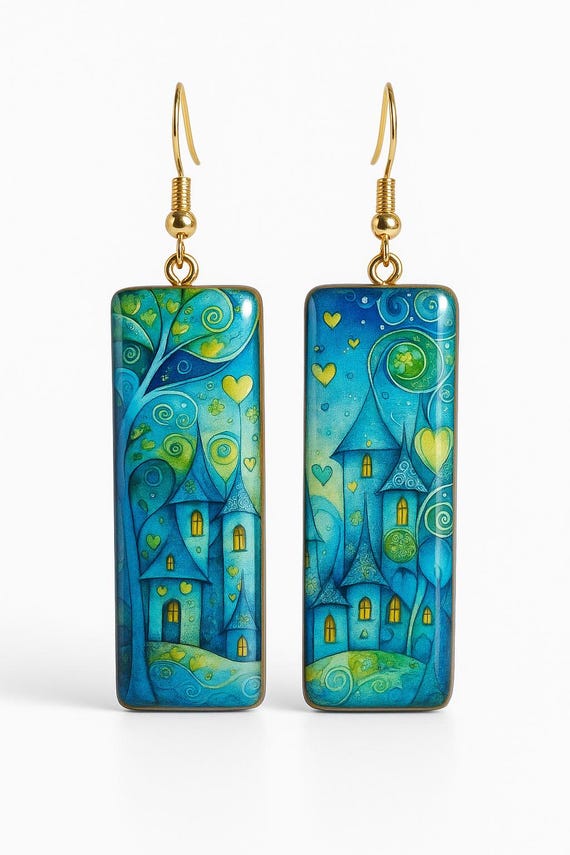 Fairytale Village Polymer Clay Earrings with Resin Finish