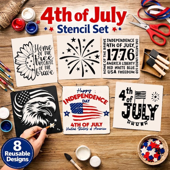 4th of July Stencil Set • 8 Original Designs | Reusable Mylar | Crafts, Walls, Party Decor