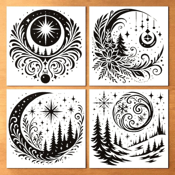 Winter Celestial Stencil Set – 4 Large Designs (11.5x11.5") | Moon, Star, Forest & Ornament Patterns | Reusable Stencils for Holiday Crafts