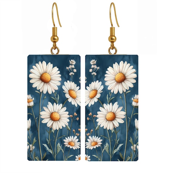 Gold Daisy Earrings – Floral Resin Jewelry, Botanical Gift for Her, Handmade Nature Earrings (.75x1.5")