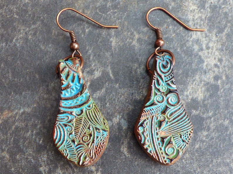 Copper and Patina Doodle Polymer Clay Earrings - Etsy