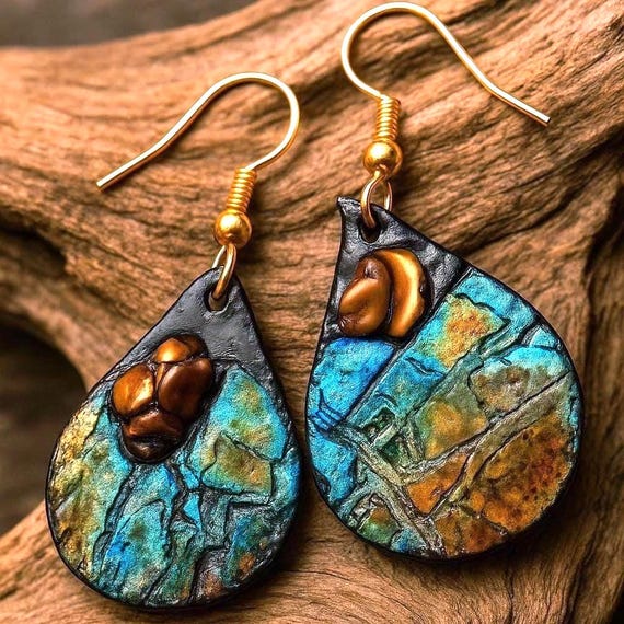 One-of-a-Kind Organic Teardrop Earrings • Polymer Clay & Resin Art Jewelry • Handcrafted Boho Statement Earrings • Free Shipping