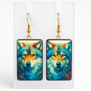 Wolf Earrings · Handmade Rectangular Dangle Earrings · Bold Animal Print Jewelry · Statement Earrings with Gold-plated 925 Silver Hooks