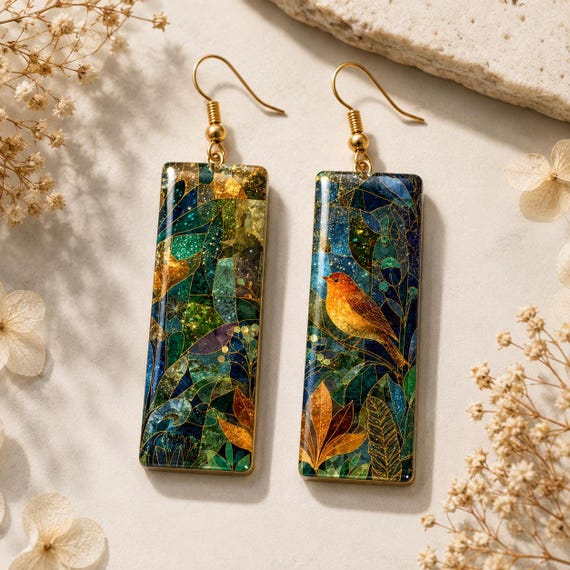 Botanical Bird Polymer Clay Earrings, Image Transfer Dangle Jewelry, Gold-Plated Silver Hooks