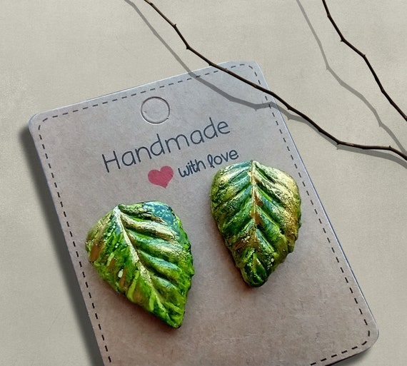 One-of-a-kind leaves polymer clay earrings studs