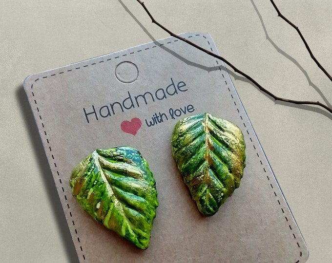 One-of-a-kind leaves polymer clay earrings studs