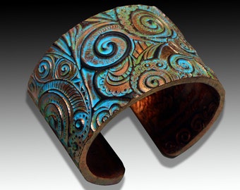 Swirls copper and patina polymer clay bracelet cuff