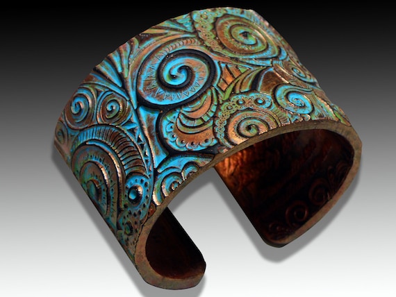 Swirls copper and patina polymer clay bracelet cuff