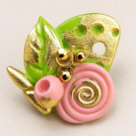 Handmade Floral Pendant Brooch | Polymer Clay Gold Leaf Statement Jewelry