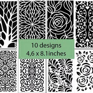 May include: A set of 10 rectangular stencils featuring various black and white patterns including trees, floral motifs, and intricate scrollwork. Each stencil measures 4.6 by 8.1 inches, as indicated by the text overlay on the green central label.