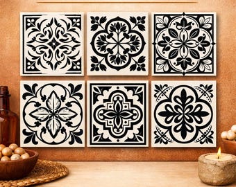 May include: Six square stencils with black ornamental designs on a cream background are displayed. The stencils feature various floral and geometric patterns. The text "Ornamental Stencil Collection" is at the top, and "Reusable • 6 Designs • Craft & Decor" is at the bottom.