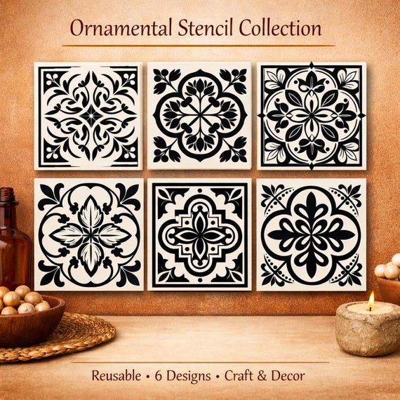 Italian Tile Stencil Set – 6 Original Designs | Reusable Mylar | Crafts, Walls, Furniture, DIY Decor