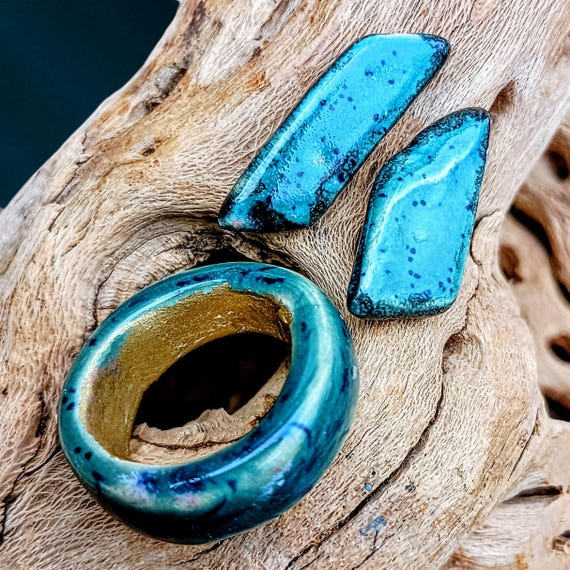 One-of-a-kind ceramic set of earrings and a ring