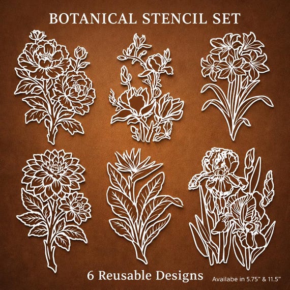 Botanical Stencil Set – 6 Reusable Floral Designs – Peony, Magnolia, Dahlia, Iris, Amaryllis & Bird of Paradise