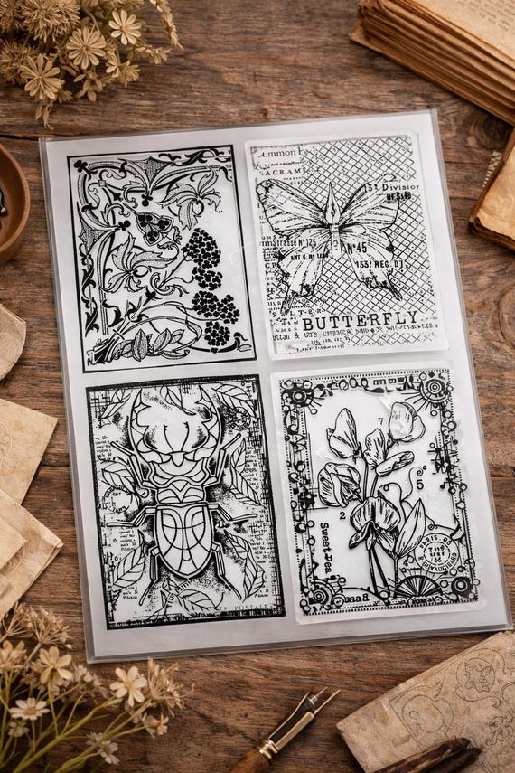 Vintage Botanical & Script Silicone Stamp