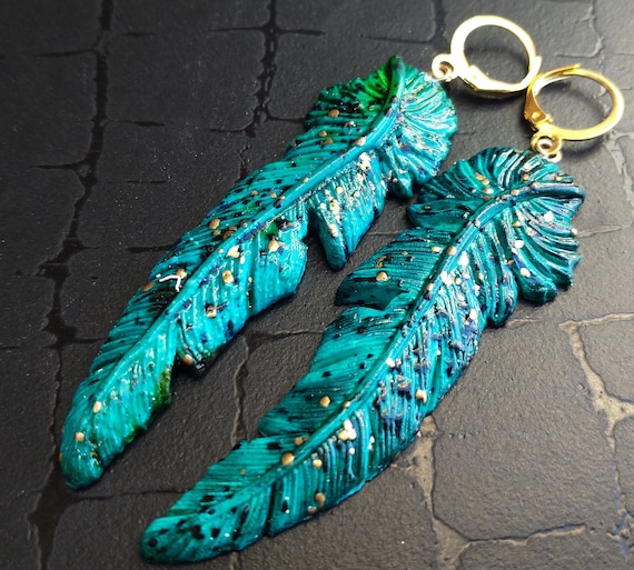 One-of-a-kind Summer of love polymer clay feathers earrings