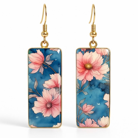 Pink & Blue Floral Earrings – Artisan Polymer Clay with Resin Finish, Hypoallergenic Wires, Gold-Plated Sterling Silver, Gift-Wrapped