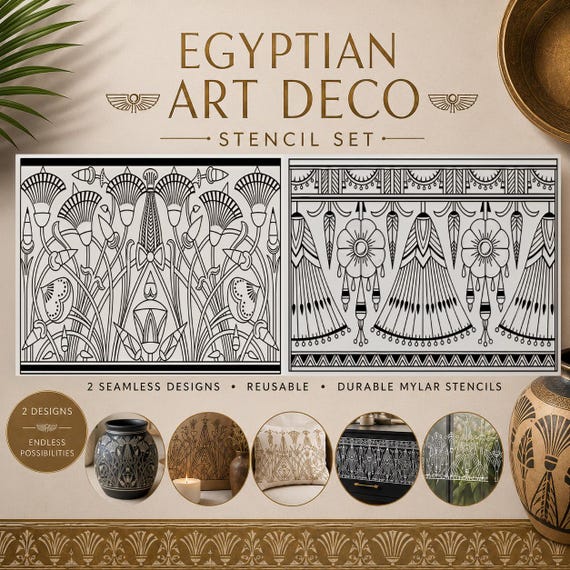 Egyptian Art Deco Stencil Set of 2 – Seamless Pattern Stencils – Lotus Floral & Geometric - Reusable